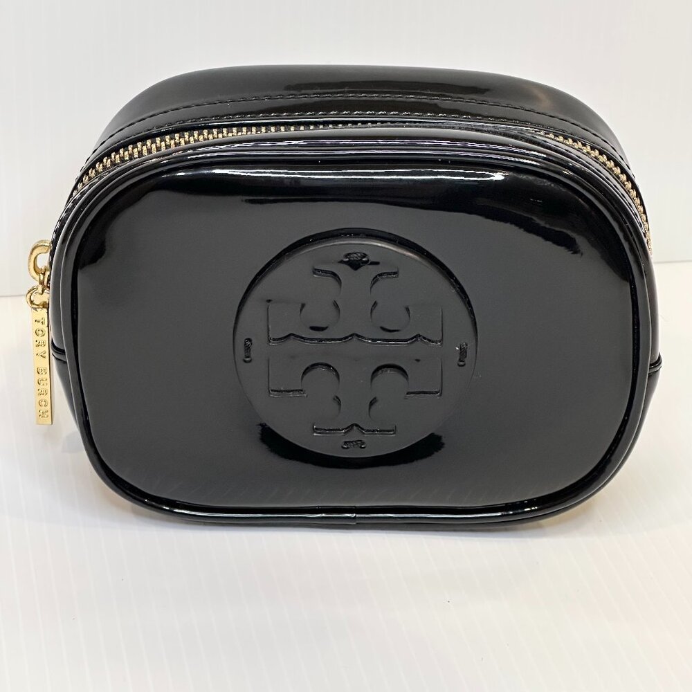 Tory Birch Cosmetic Zipper Pouch Black Patent Leather with Logo